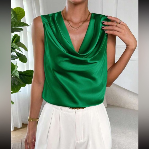 Luxe teal blue draped front sleeveless blouse - Picture 13 of 16